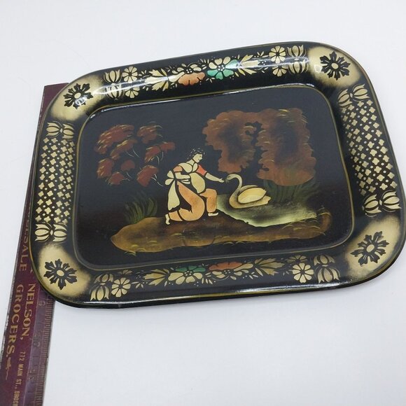 Vintage Metal Toleware Tray Woman Feeding Swan Black Gold Mid-Century Hand Paint - Picture 8 of 9